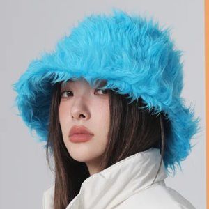 Shaggy Fuzzy Faux Fur Warm Winter Blue Bucket Hat Chic Luxury Fashion